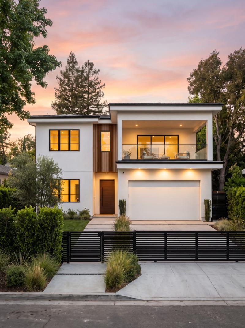 Modern two-story home exterior at dusk